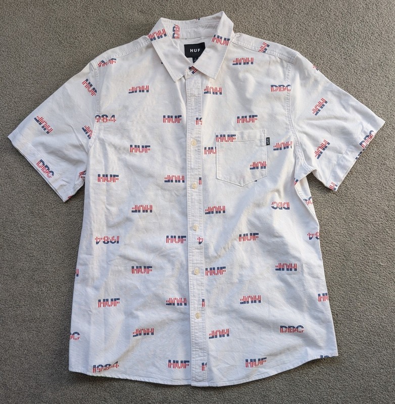 HUF Men's Large Short Sleeve Button Down Patriotic All Over Print Shirt White