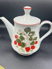 Retro Floral Strawberries Porcelain Tea Pot Mid Century Design, Made In Japan