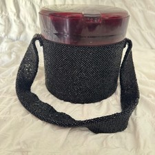 Vintage Black Beaded Bucket Bag Amber Lucite Marbled Lid Mid-Century Evening