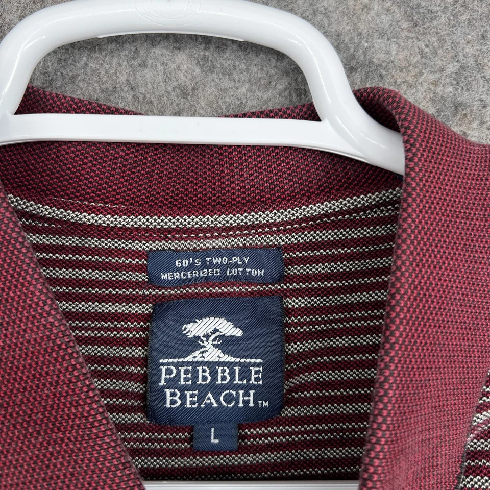 Pebble Beach Polo Shirt Mens Large Maroon White Striped Golf Merc Cotton Classic - Image 4 of 4