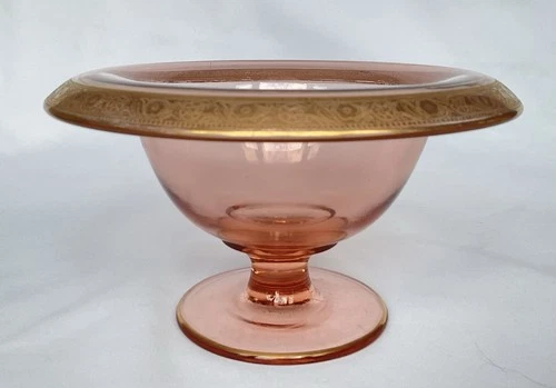 Pink Depression Glass Pedestal Bowl Gold Trim Footed Compote Dish Vintage