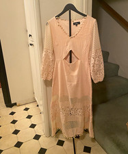 Lulus Women’s Pink Peachy Lace Long Dress V-Neck 3/4 Balloon Sleeve Cutout, S