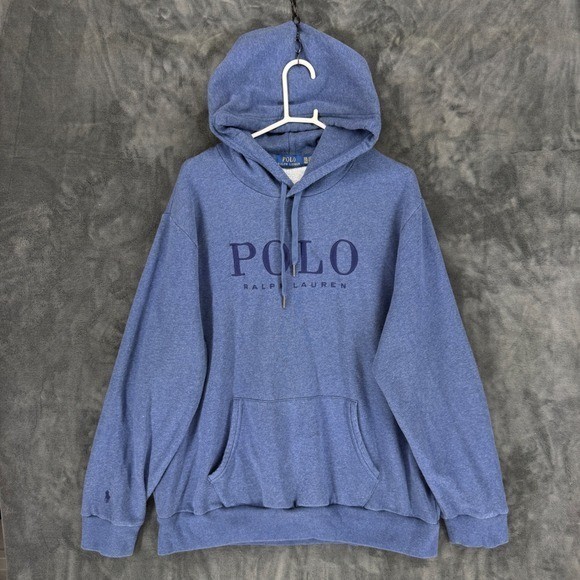 Polo Ralph Lauren Hoodie Mens XXL Blue Spellout Logo Fleece Pullover Sweatshirt