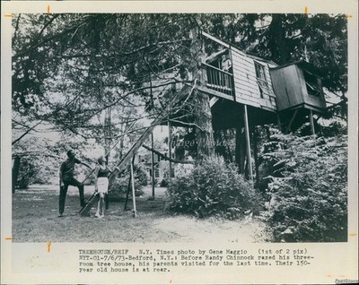 1973 Bedford Randy Chinnock Treehouse Demolition Historic Vintage Photo 7x9