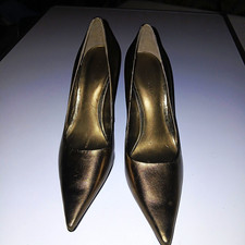 Nine West Womens 10M Metallic Gold Pointed Toe Stiletto Pumps Heels Dress Shoes