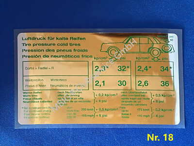 Aufkleber Reifendruck Mercedes W109 300Se Cab W111 280SE 3,5 Cab W112 300SEL 6,3