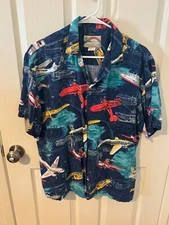 Paradise Found Hawaiian Shirt Mens Medium All Over Fighter Pilot Jet Plane Vtg