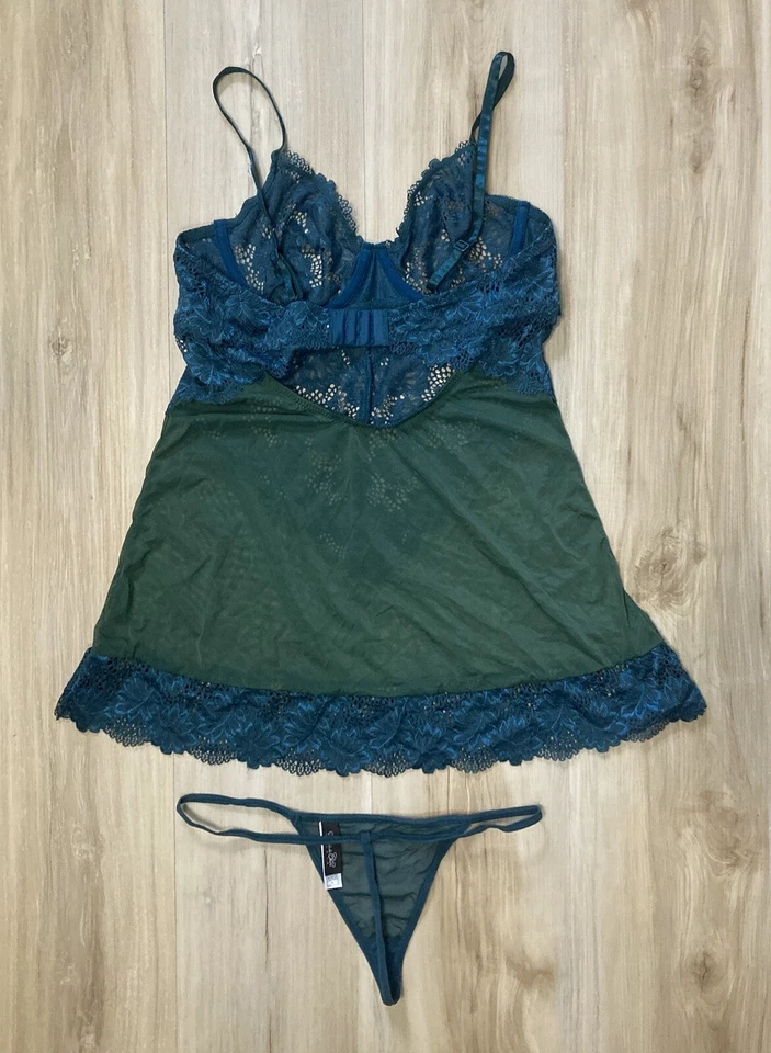 Lencería y tanga para mujer Oh La Cheri Chemise copa de encaje suave verde satinado - talla M Foto 4 de 4