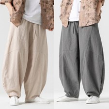 Men Casual Elastic Waisted Cotton Linen Pants Loose Chinese Kung Fu Trousers