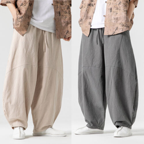 Men Loose Elastic Waisted Cotton Linen Pants Chinese Kung Fu Casual Trousers - Picture 2 of 15