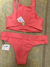 Agent Provocateur pink bikini L gold logo belt NEW bra top & briefs retro style