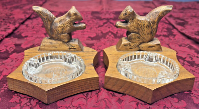 Lot of 2 Vintage Henri Caron Wood Sculptured Ashtray Holders w Glass Ashtrays