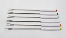 Vintage Fondue Forks Set of 6 white handles w/ color coded tips