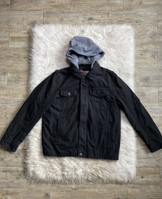 LEVI'S Menâs Black Denim Jacket 5 Pockets Removable Hood Trucker Quilted Size L | eBay