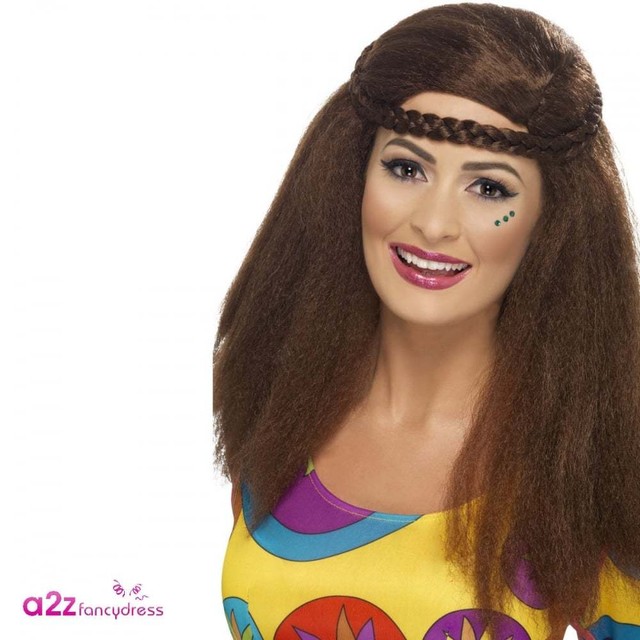 Long Brown Hippy Wig Ladies Afro 1960 Hippie Fancy Dress Accessory