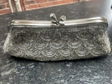 VINTAGE SILVER BEADED 9" X 5" CLUTCH WITH DIAMOND SNAP CLOSURE