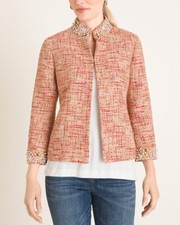 Chico's Women's Embellished Tweed Jacket NWT 3/4 Sleeves Size 2 / 12 Red Orange