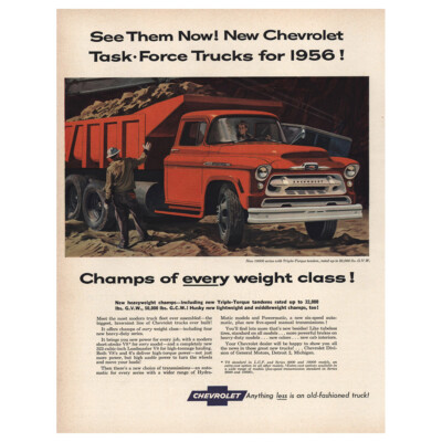 1956 Chevrolet Task Force Trucks: Champs Every Weight Class Vintage Print Ad