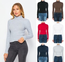 Turtleneck Long Sleeve Basic Knit Top Shirt Stretch Cotton Solid Ribbed T-Shirt