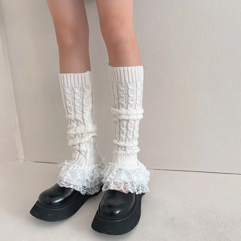 Women Knitted Leg Warmers Boot Cuff Socks Cute Lace Ruffle Cable Knit  Leggings