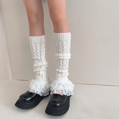 Lady Lace Ruffle Cable Knit Leggings Knitted Leg Warmers Boot Cuff Socks Fashion - Picture 10 of 16
