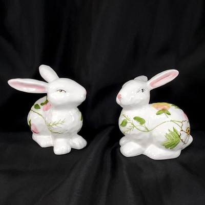 Ceramic Easter Bunny Rabbit Figurines Spring Floral Design Decor Set Of 2