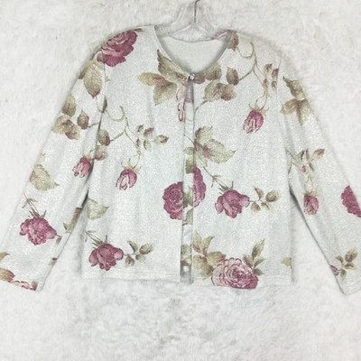 Jeffrey & Dara Womens Cardigan Sweater Set Tank Floral Roses Glitter Metallic 14
