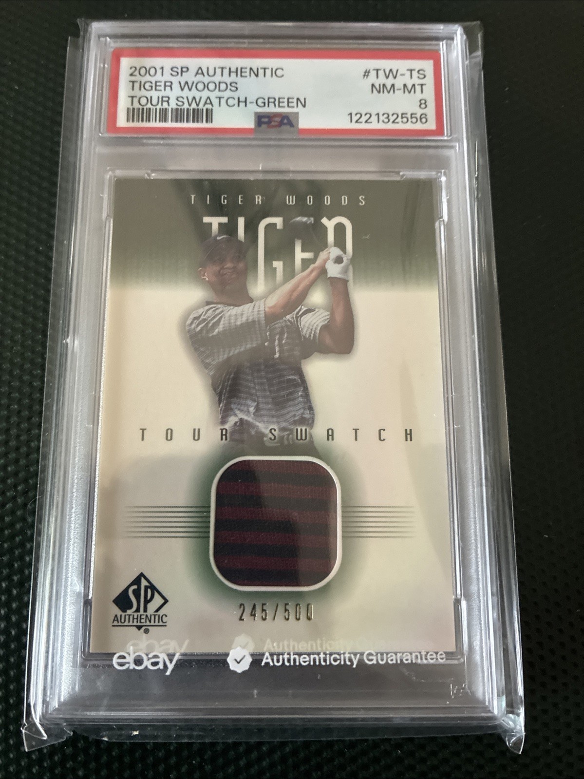 2001 TIGER WOODS SP AUTHENTIC RED SWATCH /500 PSA 8