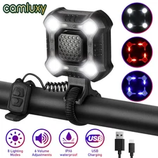 Bicycle Horn Headlights IPX6 Waterproof 4 LEDs Cycling Lamp Security Alarm Bell