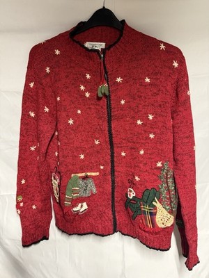 Coldwater Creek Red Vintage Christmas Zip Cardigan Weihnachtspullover - Size L