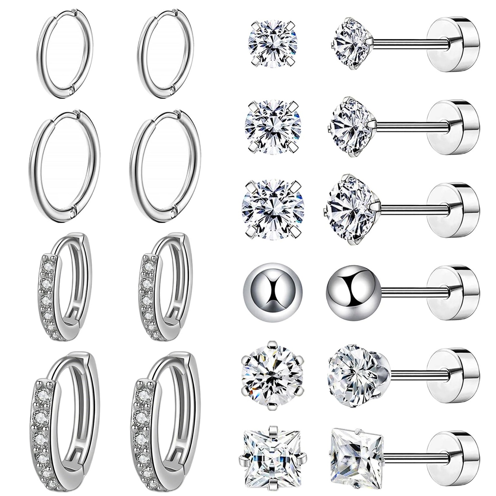 10 Pairs Stainless Steel Stud Earrings Colorful CZ 20G Stud