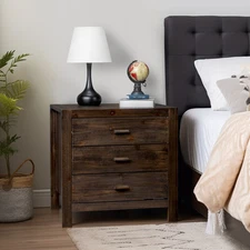 LEADZM Farmhouse Nightstand with Charging Station,Wood 3 Drawer Night Stand