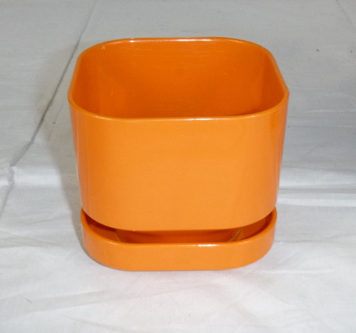 Vtg 70s Ingrid Glossy Square Plastic Plant Pot Planter Saucer Light Orange 3.5"H