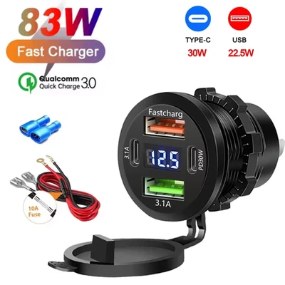 USB Car Charger Dual QC 3.0 PD Port With Voltmeter Outlet Socket for 12/24V