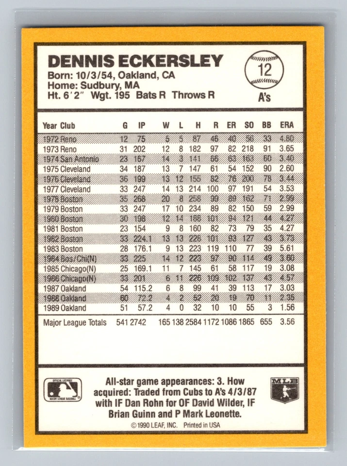 1990 Donruss Best of the American League #12 Dennis Eckersley - Image 2 of 2