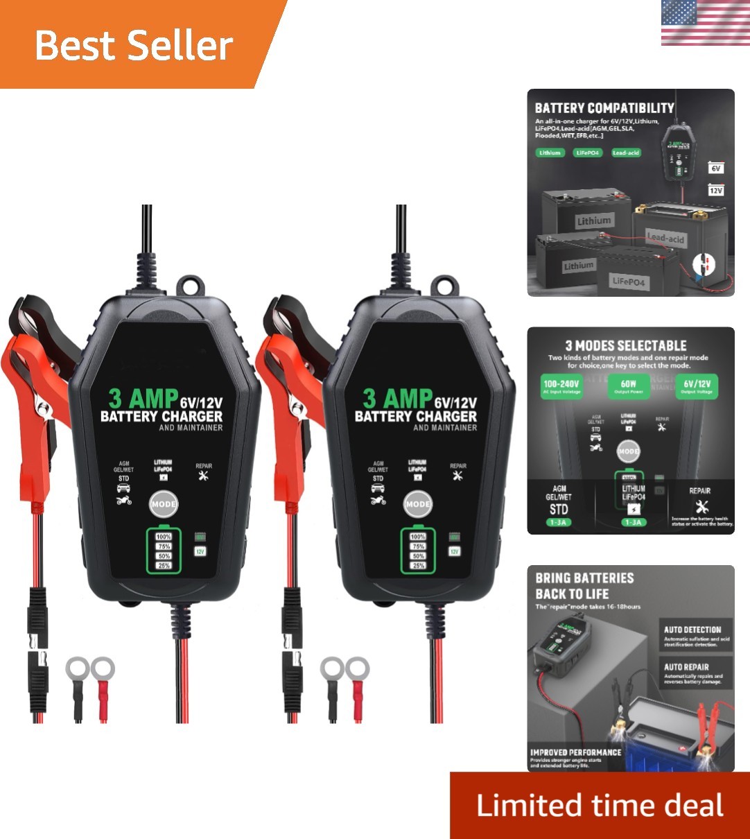 2-Pack 6V/12V Smart Car & Motorcycle Battery Charger
