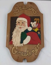 Hand Carved Painted Folk Art Wood Christmas Santa Claus Wall Hanging Front Door