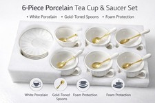 White Porcelain Tea Cups Sauce Dishes with Spoons Set of 18 Pieces