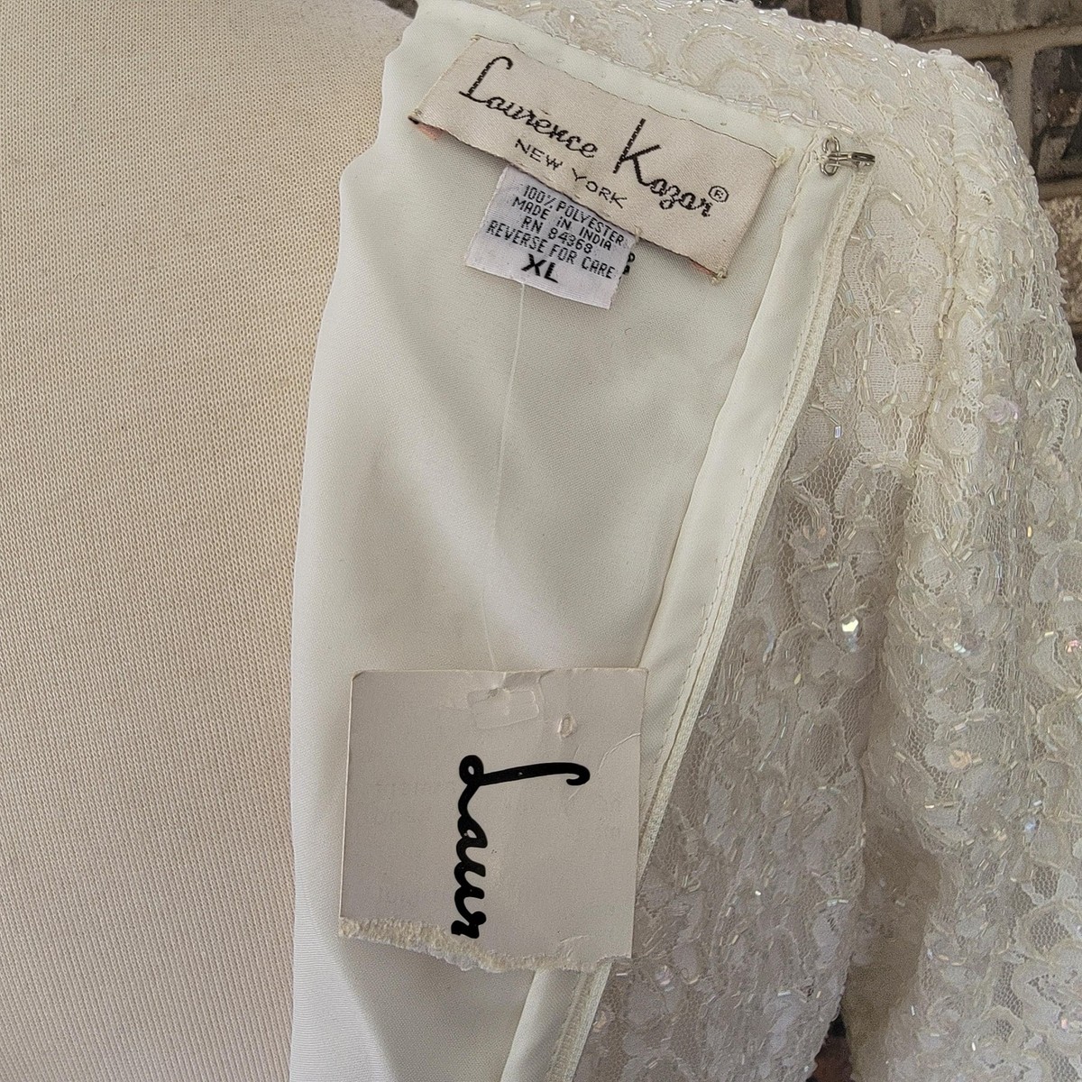 VINTAGE Laurence Kazar Shirt Womens XL Ivory Hand Beaded Sequin