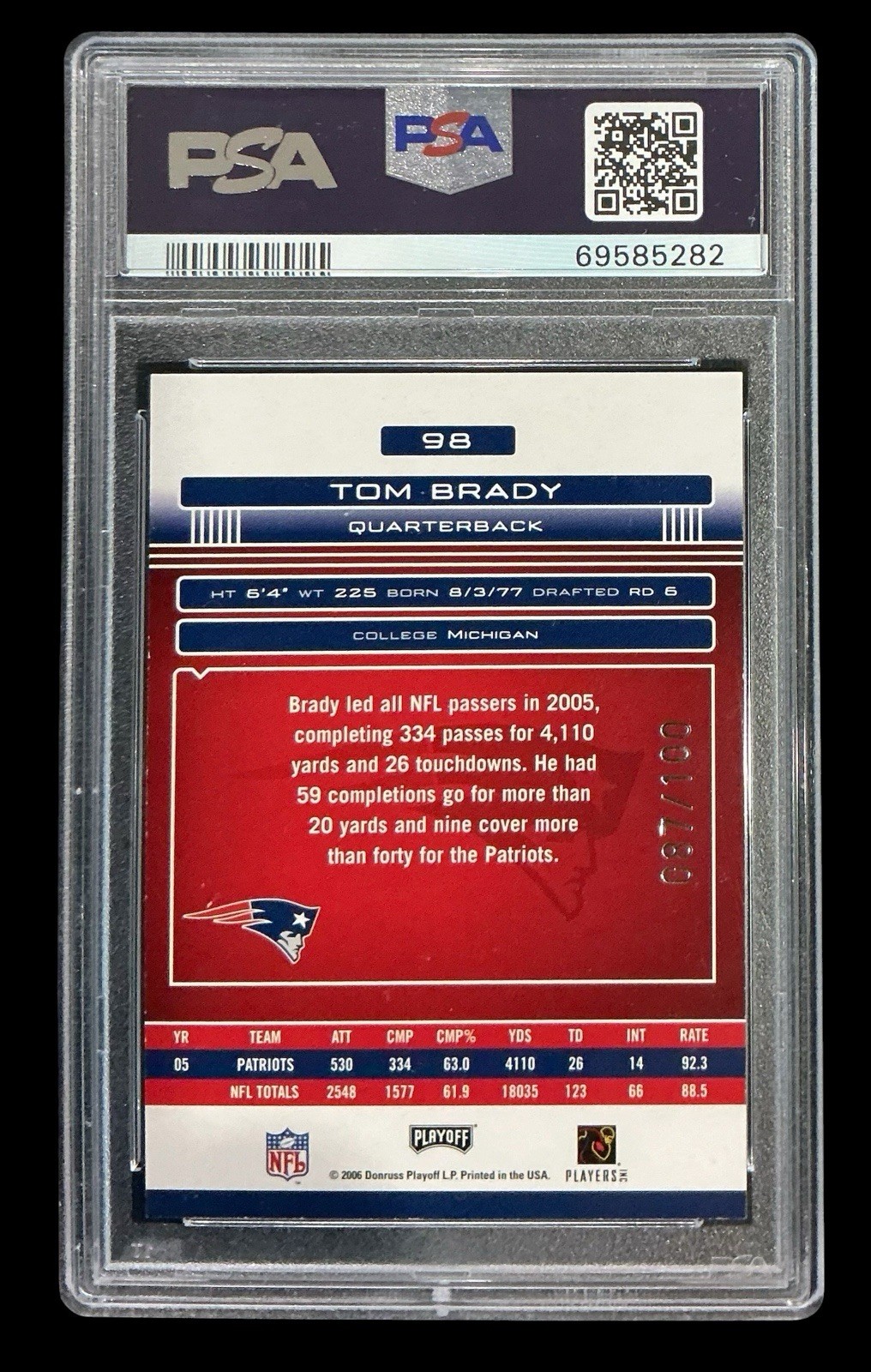 2006 playoff absolute #98 tom brady; silver /100 spectrum PSA 7  (LOW POP) view 3