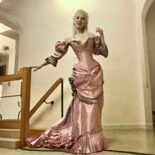Vintage Pink Civil War Medieval Evening Dresses Card Shoulder Corset Pleated hot