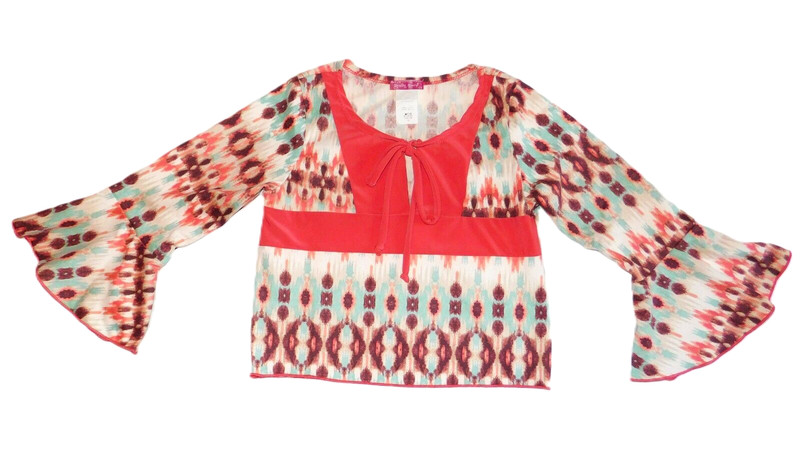 NWT SUGAR BERRY Girls size 12 CORAL & CYAN  ABSTRACT TIE NECK WAIST LENGTH TOP