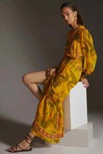 Farm Rio Tiered Maxi Dress Anthropologie Banana Leaf Botanical Yellow Size S NEW