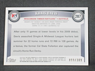 Khris Davis 2011 Topps Debut Blue Rookie #287 (99/309) Wisconsin Oakland A's