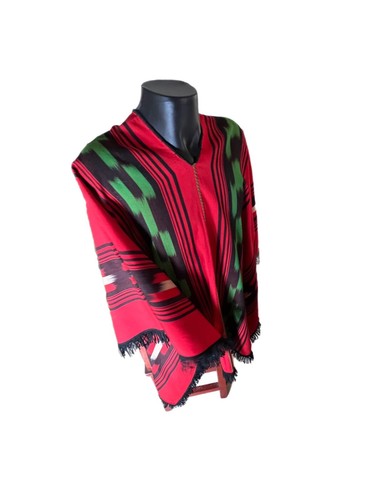 Vintage Mens Poncho Red Black & Green Tassels 51x67 Inches Wool Blend - Picture 2 of 10