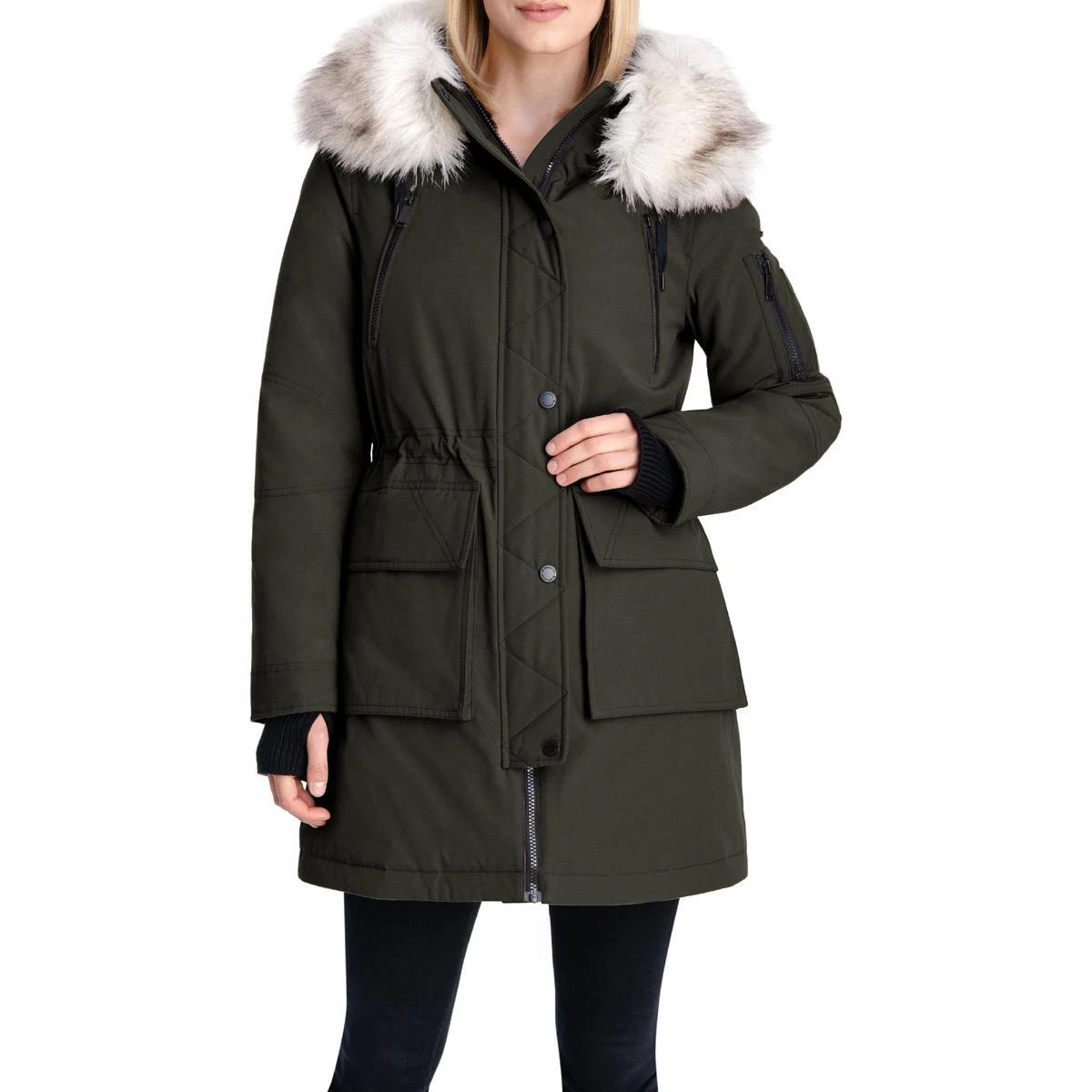 BCBGeneration Womens Green Faux Fur Trim Midi Parka Coat Outerwear