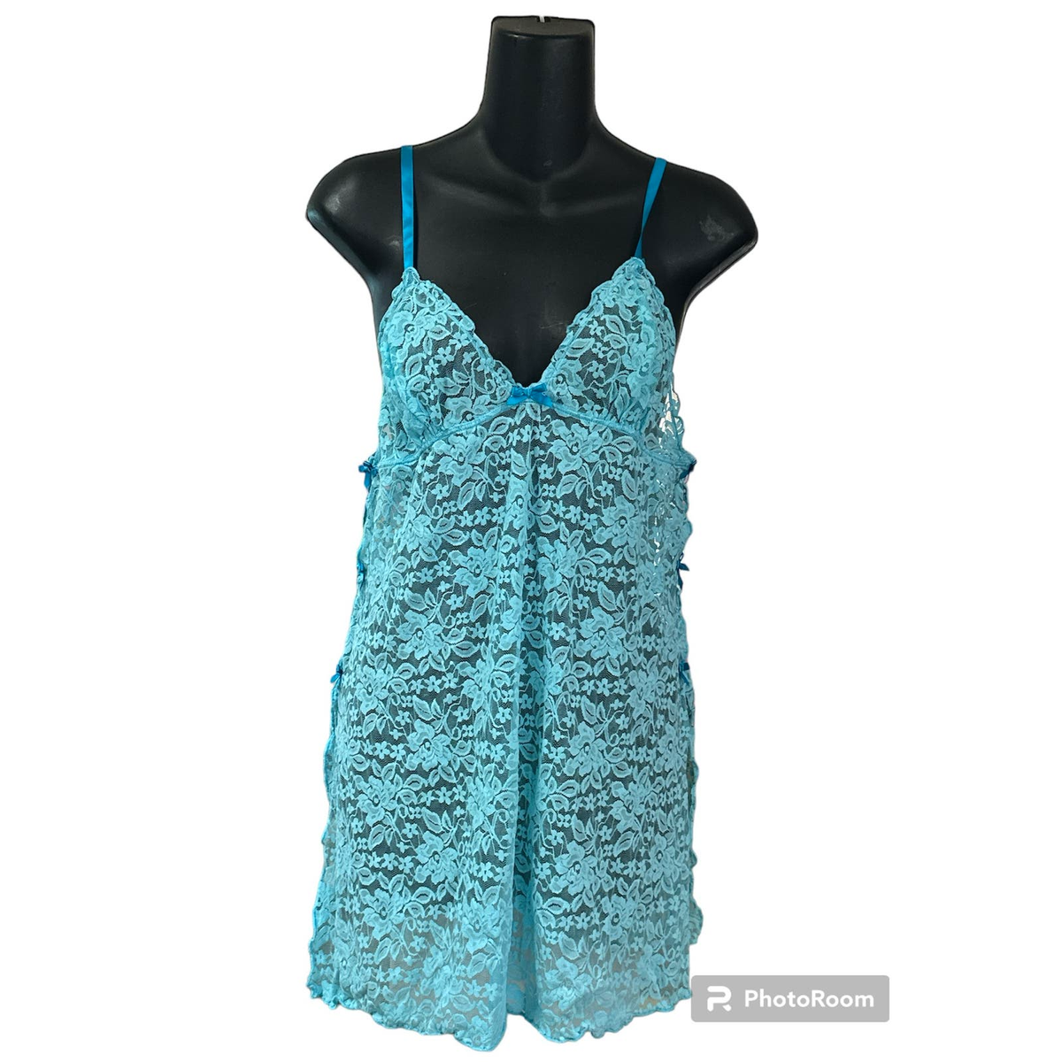 Vintage Victoria's Secret blue baby doll sheer lace mesh w/bows XL