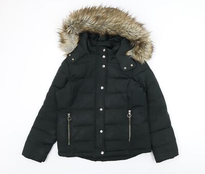 Topshop Womens Green Puffer Jacket Coat Size 10 Zip Faux Fur