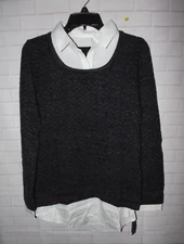AB Studio Layered Look Sweater Women's Size M Charcoal Faux White Shirt Cotton