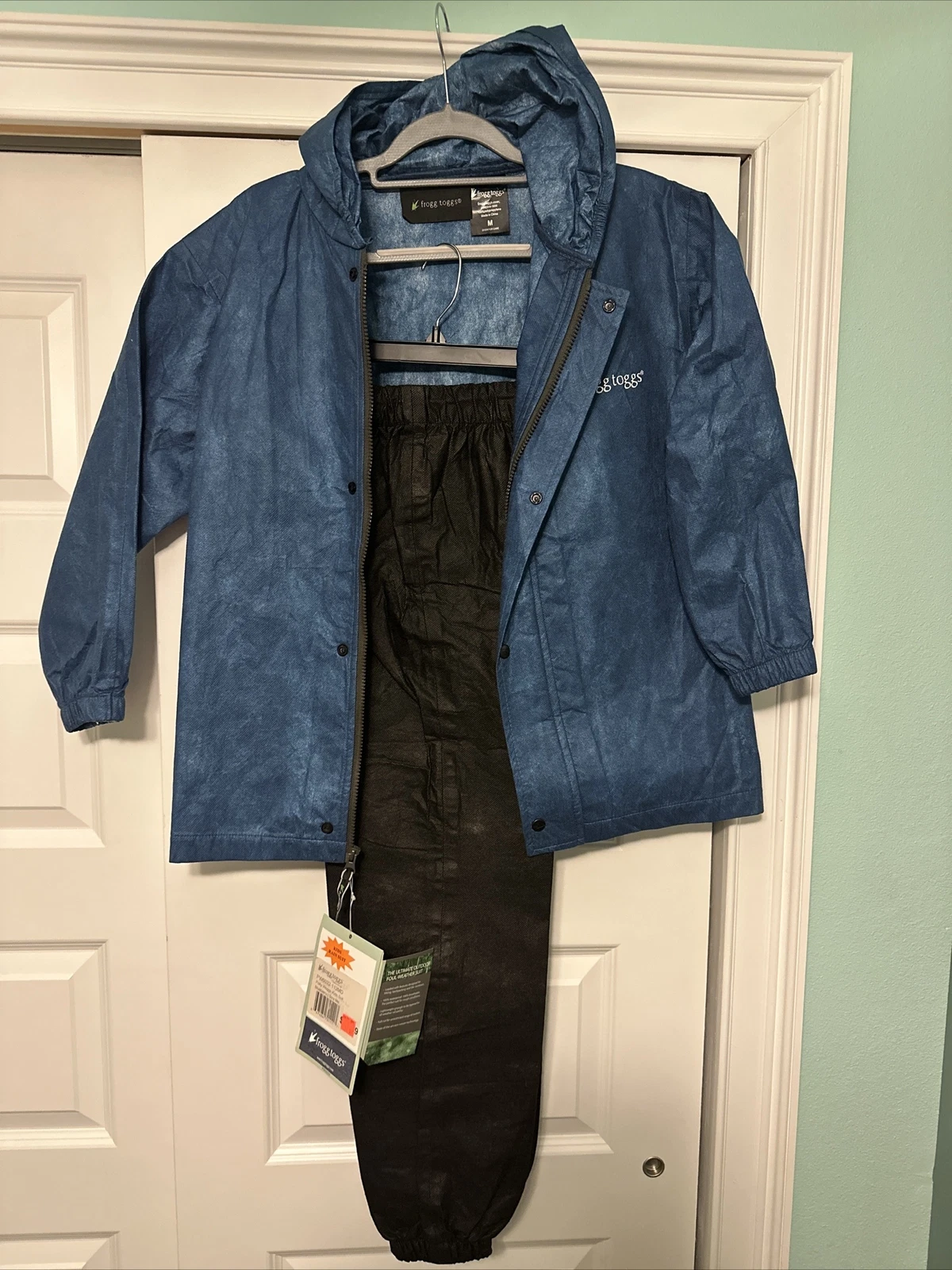 Frogg Toggs Kids PollyWogg Blue Black Hooded Rain Jacket & Pants Set Size Medium